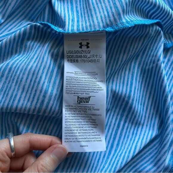 Under Armour Blue/White Striped Heat Gear Fitted Sleeveless Golf Polo Size Large - Picture 8 of 13